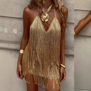 ZARA Summer Vacation Sexy Creative Fringe Patchwork Backless Dress